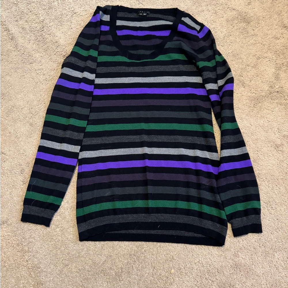 Theory Wool Sweater Size L Striped Pullover Long Sleeve Round Neck